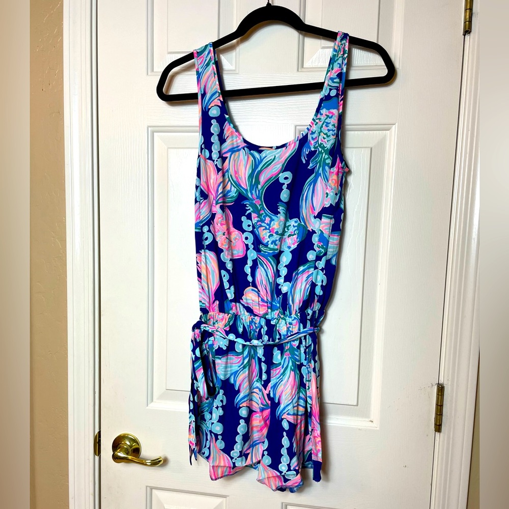 Rina Shorts Romper from Lilly Pulitzer in True Blue Going Coastal fish print, S